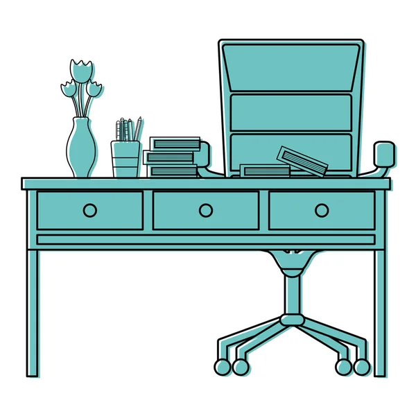 彩色办公室木书桌与书和椅子向量例证 — 图库矢量图片