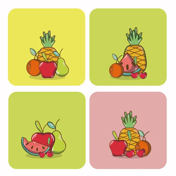 Zbiór Owoców Bajki Projekt Graficzny Ilustracja Wektora Kwadratowych Ikony — Wektor stockowy