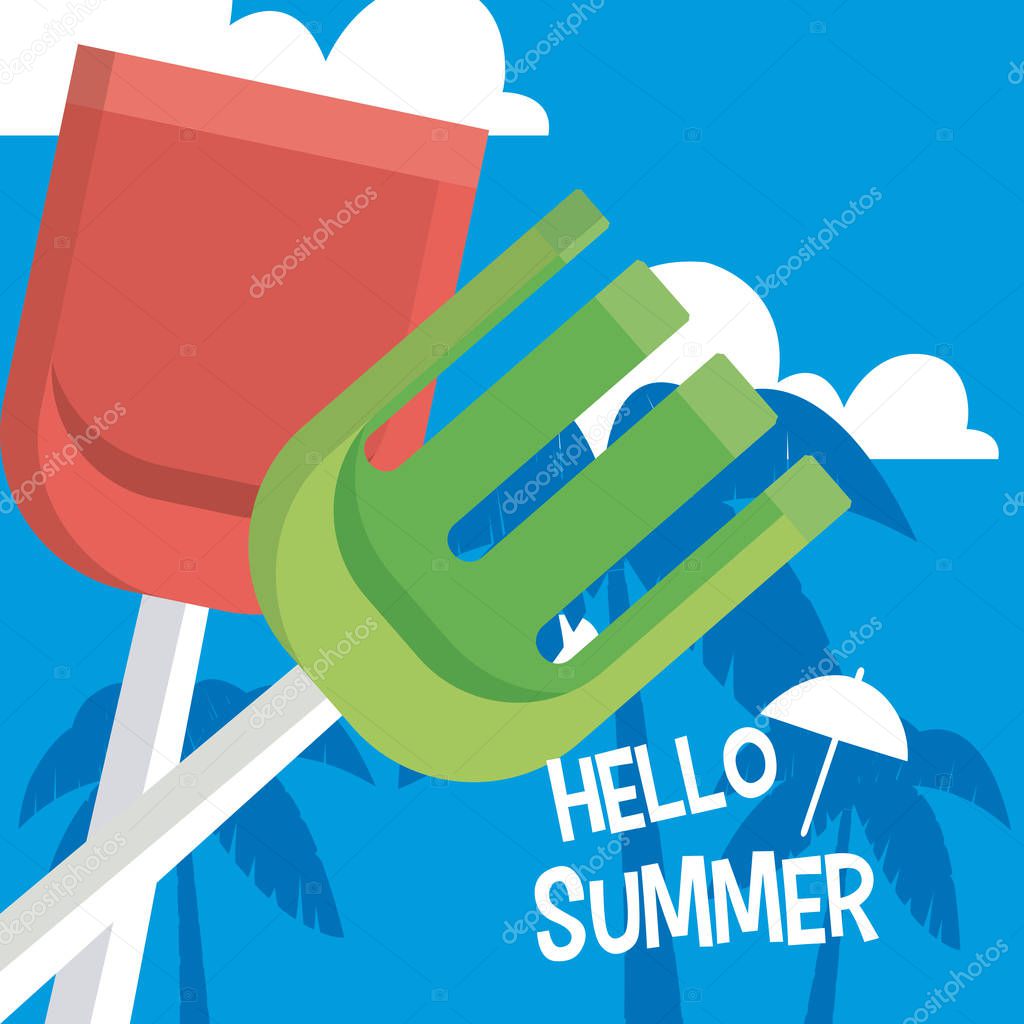 Hello sumer card with sand shovel toys cartoons vector illustration graphic design