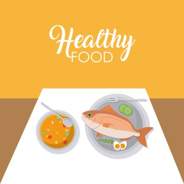 Lezzetli balık ve çorba deniz ürünleri vektör çizim grafik tasarım