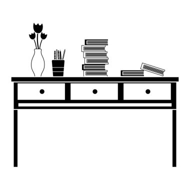 kontur ahşap masa çekmece nesneleri ve kitap vektör çizim ile