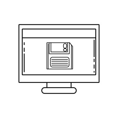 çizgi bilgisayar teknolojisi ile ekran ve disket bilgi vektör çizim