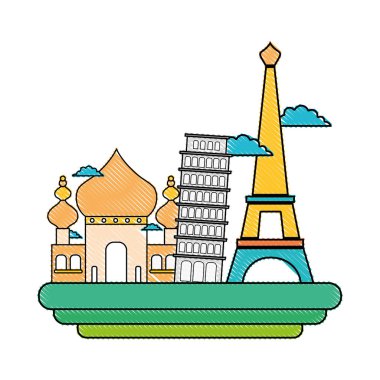 Taj mahal rendelenmiş ve pisa Kulesi Eyfel Kulesi tatil vektör çizim ile eğilerek