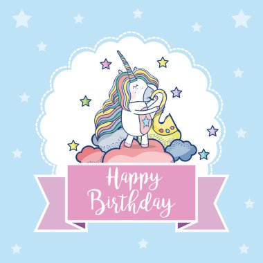 Mutlu Doğum günü kartı ile şirin tek boynuzlu atlara fantazi karikatürler vektör illüstrasyon grafik tasarım