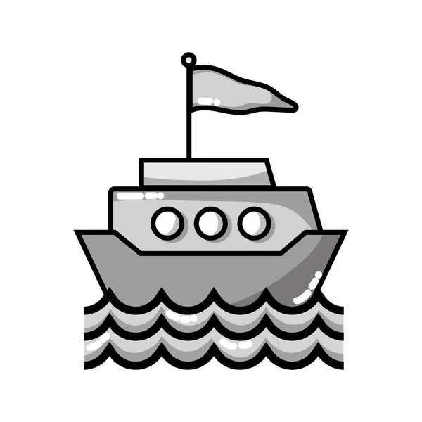 Graustufen Schiffstransport Mit Flaggendesign Und Wellen Vektorillustration — Stockvektor