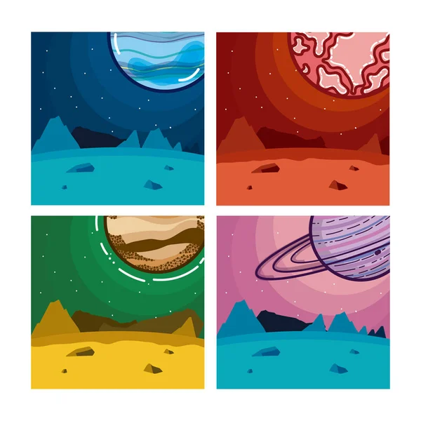 Set Milkyway Planeten Vierkant Kleurrijke Frames Vector Illustratie Grafisch Ontwerp — Stockvector