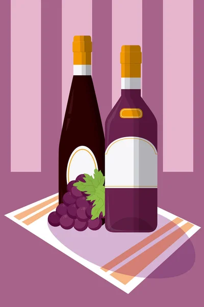 Botella Vino Con Uvas Mantel Vector Ilustración Diseño Gráfico — Vector de stock