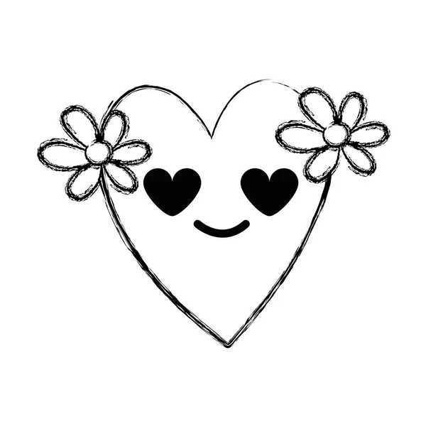 Figuur Hart Met Bloemen Liefde Kawaii Cartoon Vectorillustratie — Stockvector