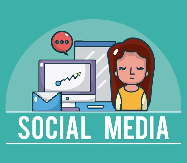 Mädchen Auf Computerbildschirm Mit Social Media Symbolen Vektor Illustration Grafik — Stockvektor