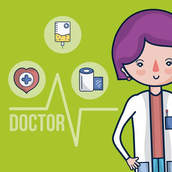 Lindo Dibujo Animado Médico Femenino Con Iconos Redondos Médicos Vector — Vector de stock