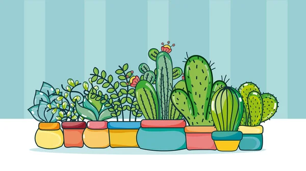 Conjunto Lindas Plantas Interior Dibujos Animados Vector Ilustración Diseño Gráfico — Archivo Imágenes Vectoriales