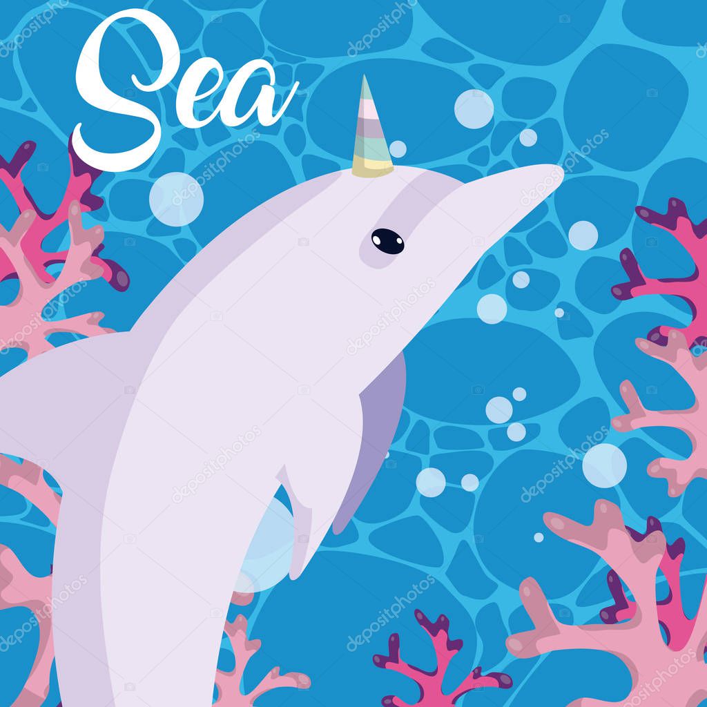 Sea and magic dolphin under sea cartoon vector illustration graphic design