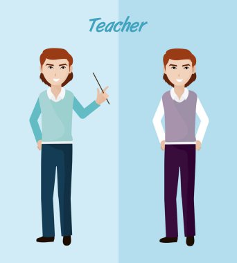 Genç öğretmen karikatür mavi renkli vektör çizim grafik tasarım üzerine