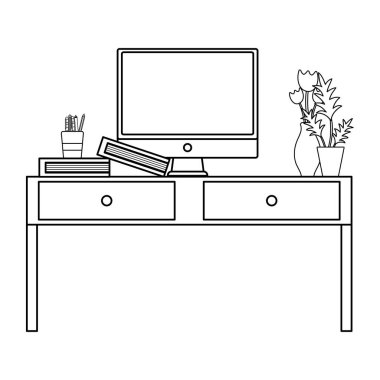 çizgi ahşap Resepsiyon nesnesi çekmeceler ve bilgisayar vektör çizim ile