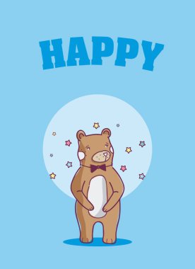 Sevimli hayvan ayı papyon ile karikatür ve yıldız illüstrasyon grafik tasarım vektör