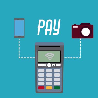 NFC teknolojisi ödeme ile mavi arka plan vektör çizim grafik tasarım üzerine dataphone
