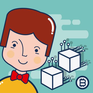 Genç adam bitcoins ve küpleri vektör çizim grafik tasarım