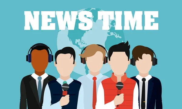 News Time Aroudn Mondo Giornalisti Lavoro Squadra Avatar Cartone Animato — Vettoriale Stock