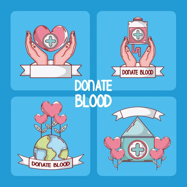 Conjunto Donar Tarjetas Sangre Dibujos Animados Vector Ilustración Diseño Gráfico — Vector de stock