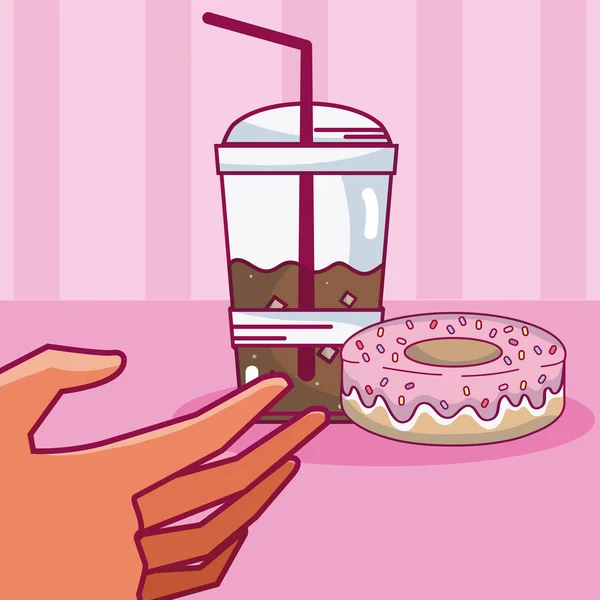 Hand Greifen Kaffee Kalte Tasse Mit Donut Vektor Illustration Grafik — Stockvektor