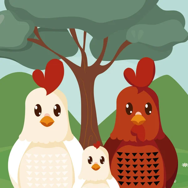 Chickens Forest Cute Cartoons Vector Illustration Graphic Design — Stock Vector