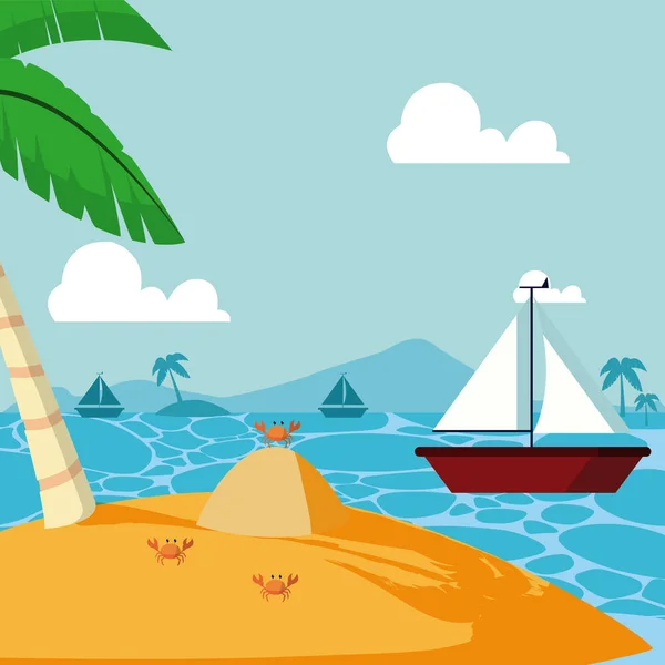 Veleiros Navegando Torno Ilha Bonito Desenhos Animados Vetor Ilustração Design — Vetor de Stock