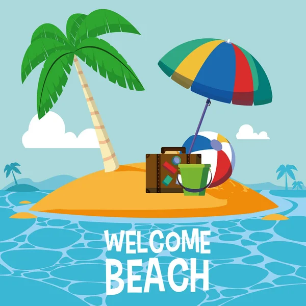 Cartão Praia Boas Vindas Com Elementos Ilha Desenhos Animados Design — Vetor de Stock