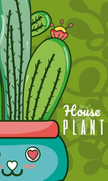 Niedlich Zimmerpflanze Kawaii Cartoon Über Grün Hintergrund Vektor Illustration Grafik — Stockvektor