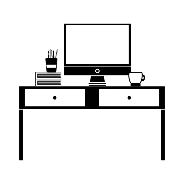 Bureau Bois Contour Avec Écran Ordinateur Illustration Vectorielle Livres — Image vectorielle