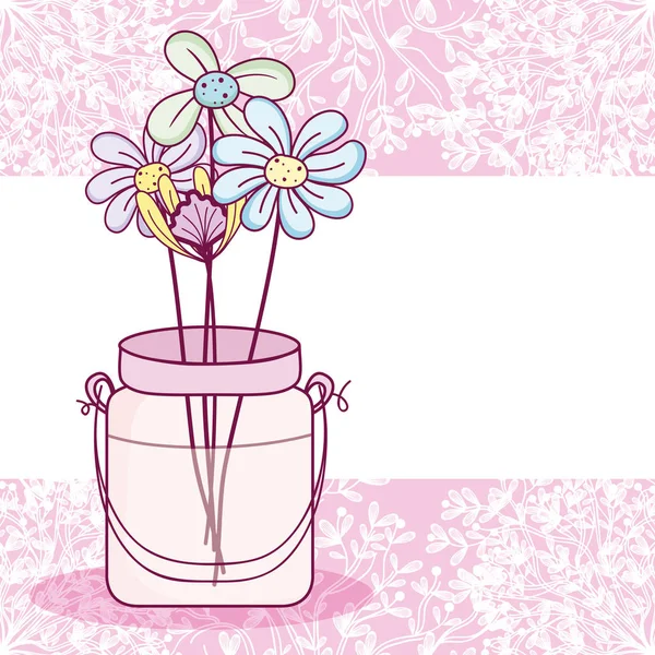 Mason Jar Bloemen Pot Kleurrijke Kaart Paarse Achtergrond Vector Illustratie — Stockvector
