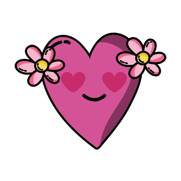 Corazón Con Flores Amor Kawaii Ilustración Vector Dibujos Animados — Archivo Imágenes Vectoriales