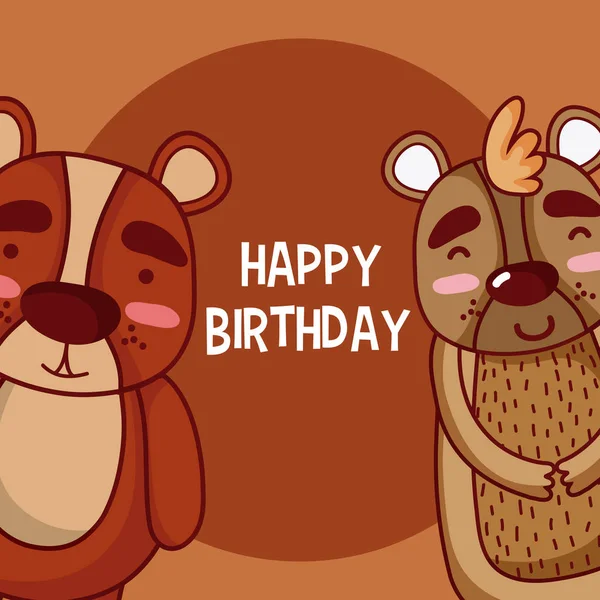 Cute Happy Birthday Card Animals Cartoons Vector Illustration Graphic Design — Stock Vector