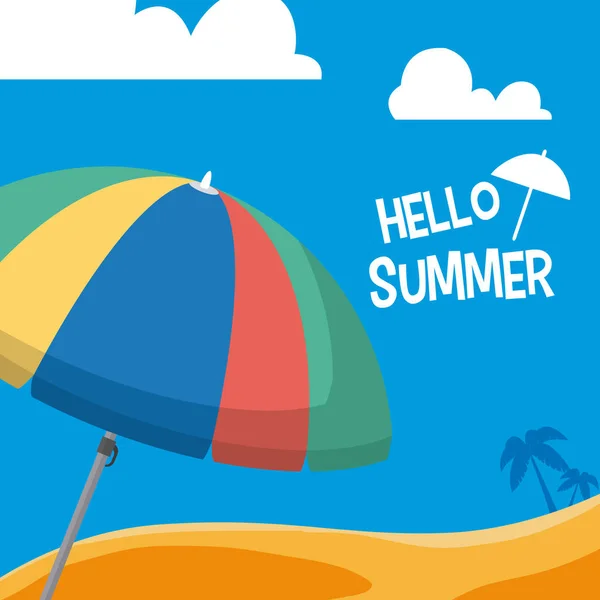 Hello Sumer Card Umbrella Sand Cartoon Vector Illustration Graphic Design — Stock Vector