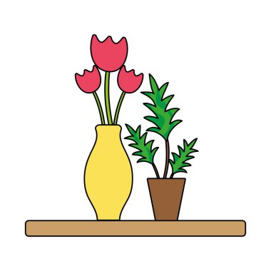 çiçekler içinde kavanoz ve bitkiler ile renkli ahşap raf illüstrasyon vektör