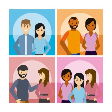 Genç çift çizgi film kartları koleksiyonu vektör çizim grafik tasarım