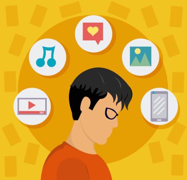 Genç adam ve sosyal medya illüstrasyon grafik tasarım vektör