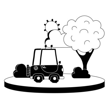 siluet agrimotor araba ağaç ve güneş vektör çizim ile şehirde