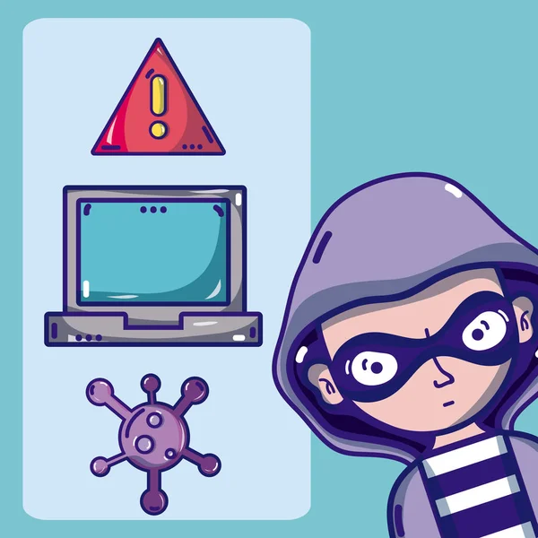 Hacker Com Cibercrimes Símbolos Vírus Desenhos Animados Desenho Gráfico Ilustração — Vetor de Stock