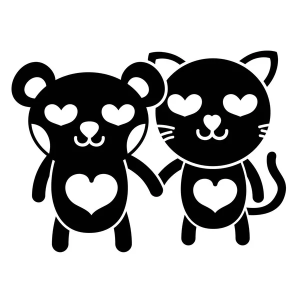 Silhouette Enamored Bear Cat Couple Animals Vector Illustration — Stock Vector