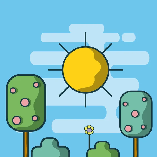 Landskap Äppelträd Med Buskar Och Solen Vektor Illustration Grafisk Design — Stock vektor