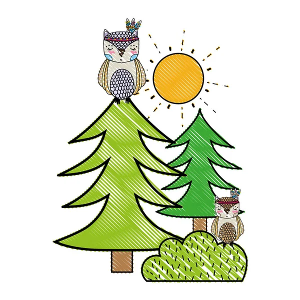 Grated Ethnic Owls Animals Pine Trees Bushes Vector Illustration — Stock Vector