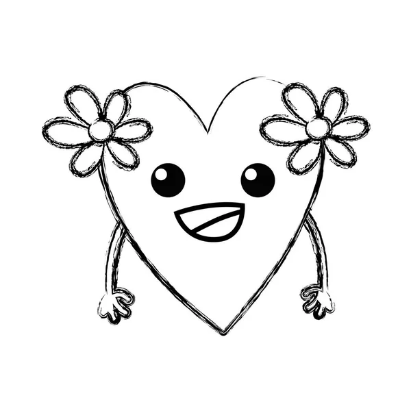 Фигура Счастливое Сердце Цветами Кавайи Векторной Иллюстрацией Руки — стоковый вектор