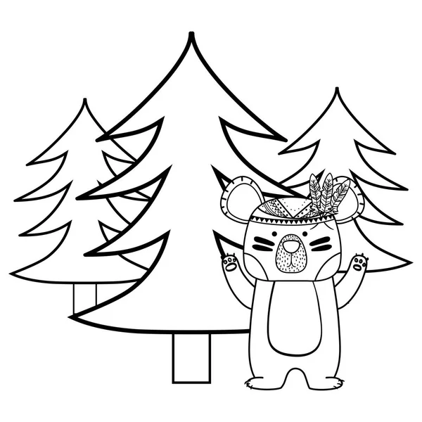 Linii Etnicznych Niedźwiedź Zwierząt Sosnowego Drzewa Wektor Ilustracja — Wektor stockowy