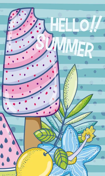 Sommer Köstliche Eis Stiel Karikatur Über Gestreiften Hintergrund Vektor Illustration — Stockvektor