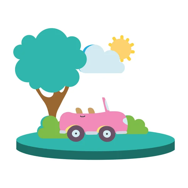 ツリーと雲のベクトル図が付いている都市でカラフルなスポーツ車 — ストックベクタ