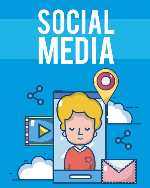 Αγόρι Σύμβολα Κοινωνικής Media Smartphone Διανυσματικά Εικονογράφηση Γραφιστικής — Διανυσματικό Αρχείο