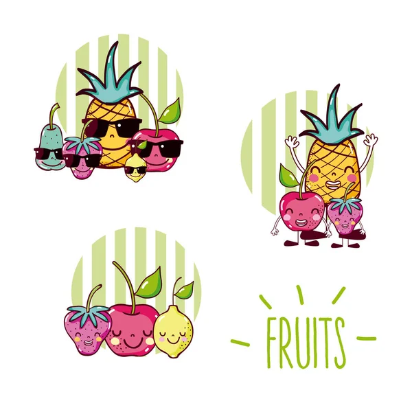 Ensemble Dessins Animés Fruits Mignons Icônes Rondes Illustration Vectorielle Conception — Image vectorielle