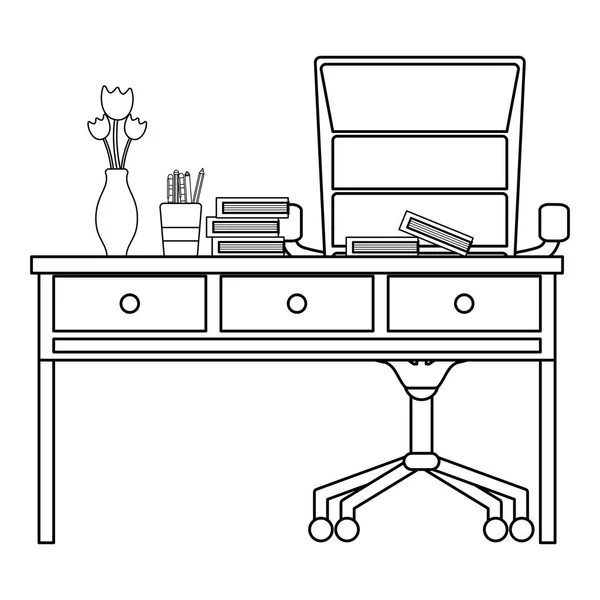 Linie Büro Holz Schreibtisch Mit Büchern Und Stühlen Vektor Illustration — Stockvektor