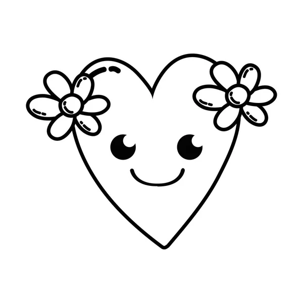 Linha Sorriso Coração Com Flores Kawaii Desenho Animado Vetor Ilustração — Vetor de Stock