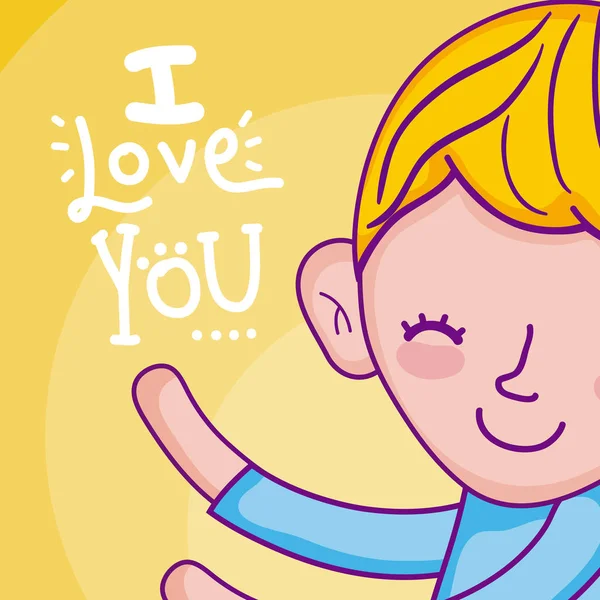 Amo Você Cartão Com Bonito Menino Desenho Animado Vetor Ilustração — Vetor de Stock